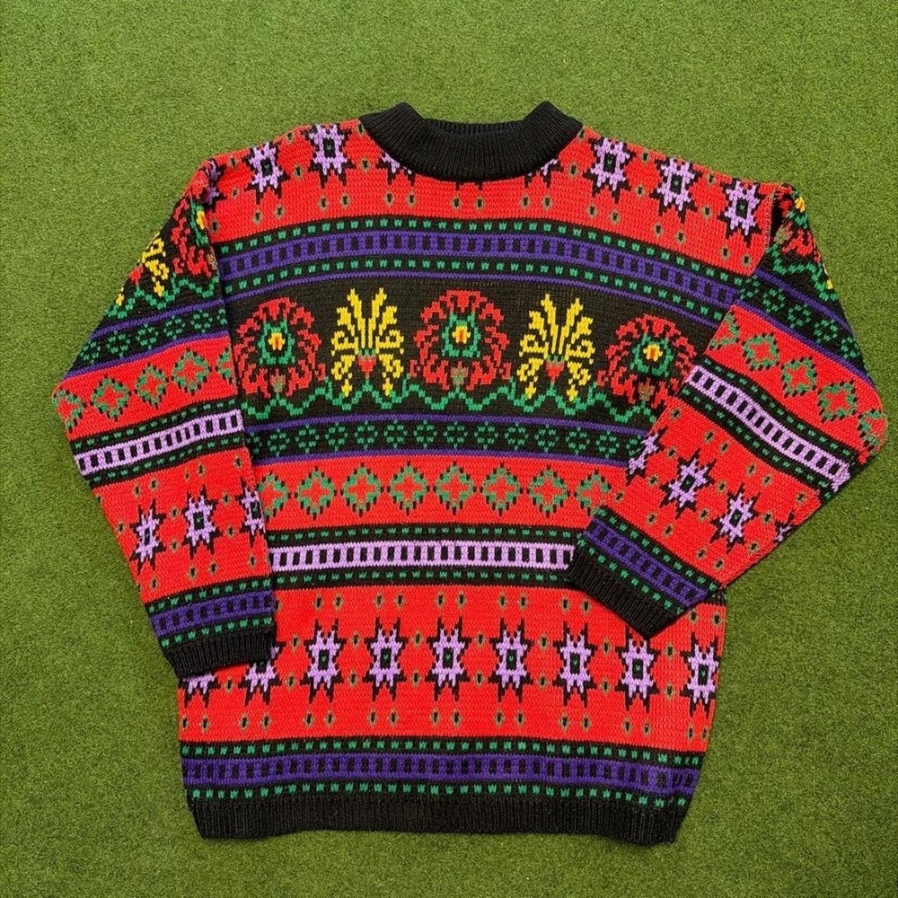 Vintage 90s colorful patterned knit sweater • 1990s pullover knit sweater